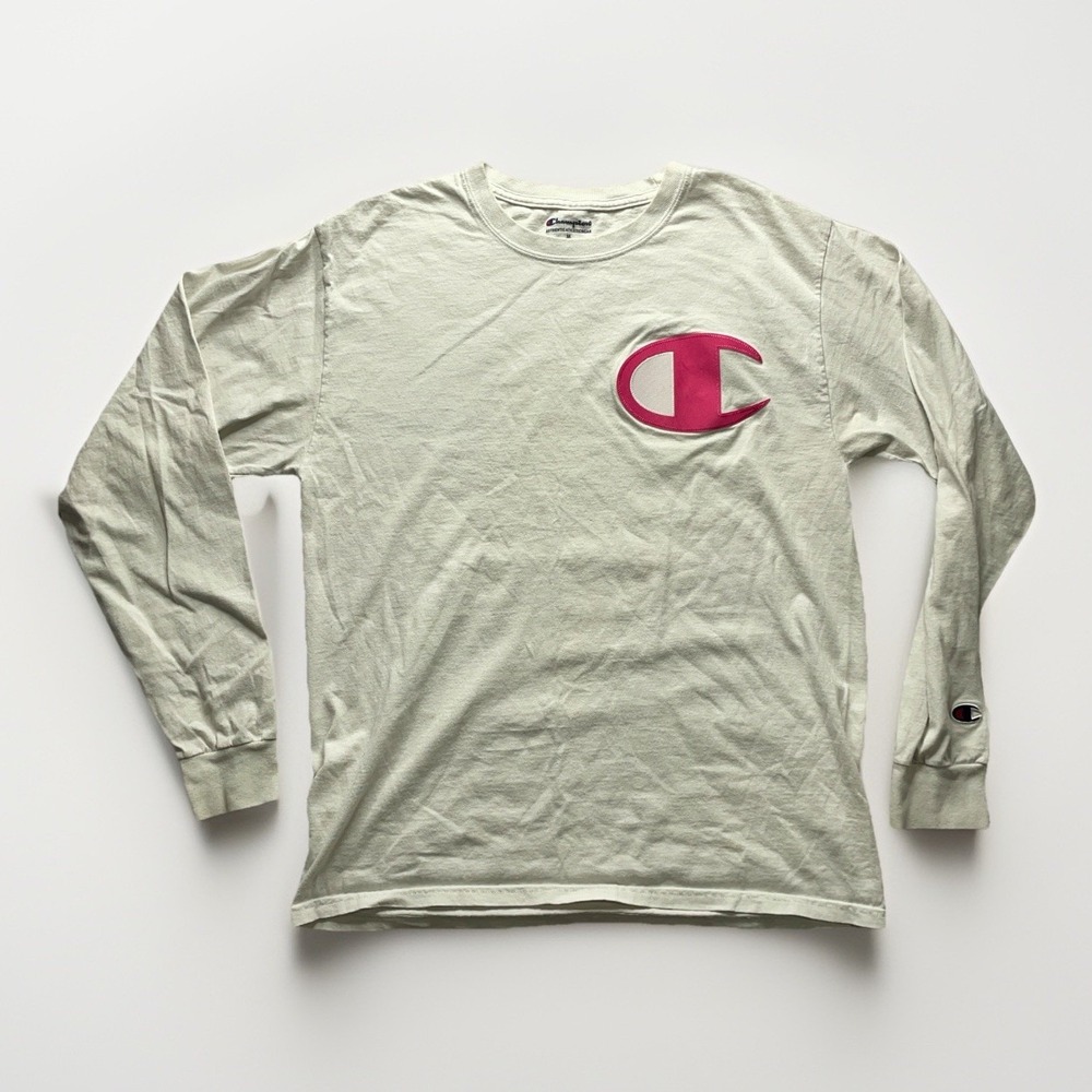 Champion Women's Long Sleeve Shirt Medium White Pink Applique Logo Athletic Tee